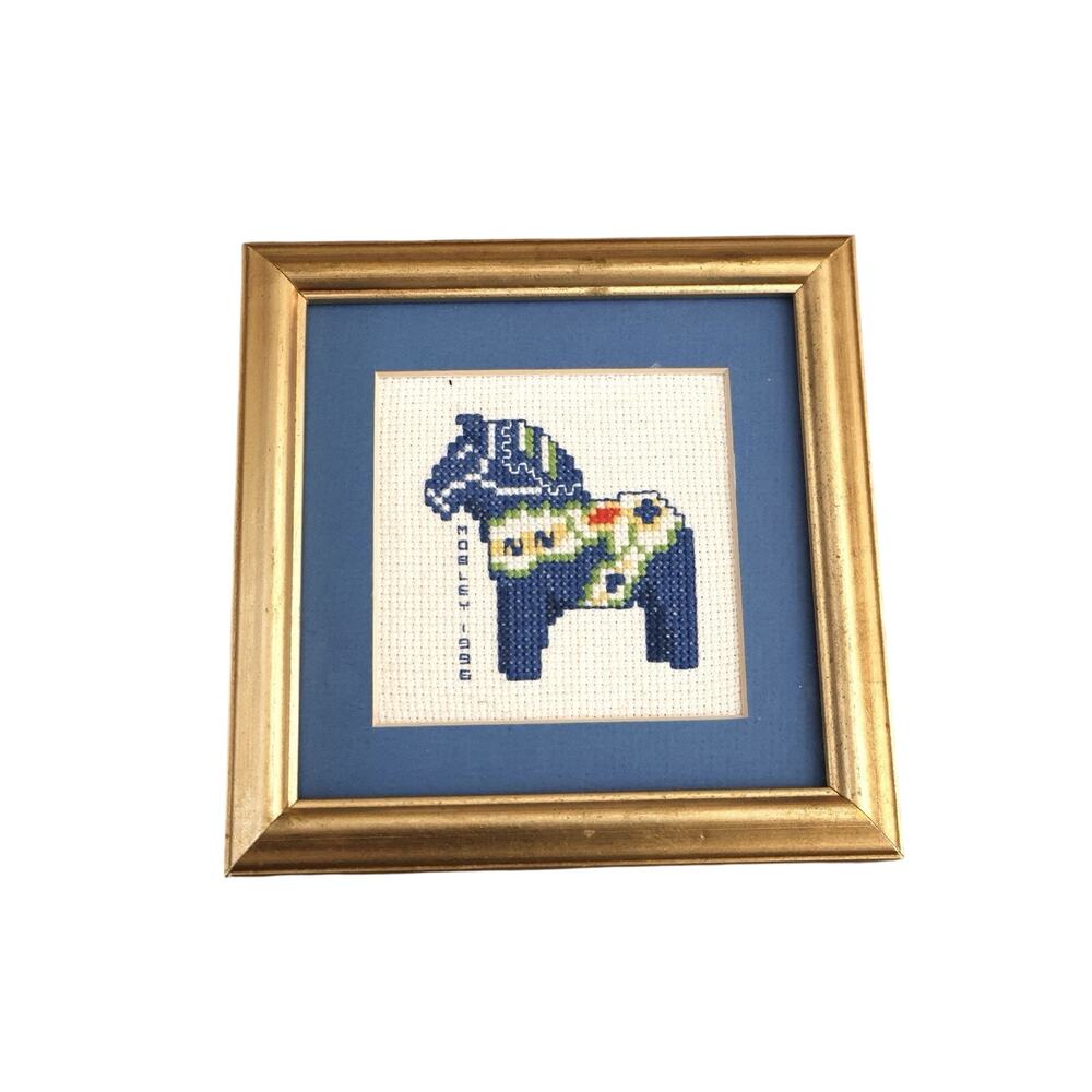 Vintage Cross Stitch Embroidered Swedish Folk Art Dala Horse Frame 6x6 Decor
